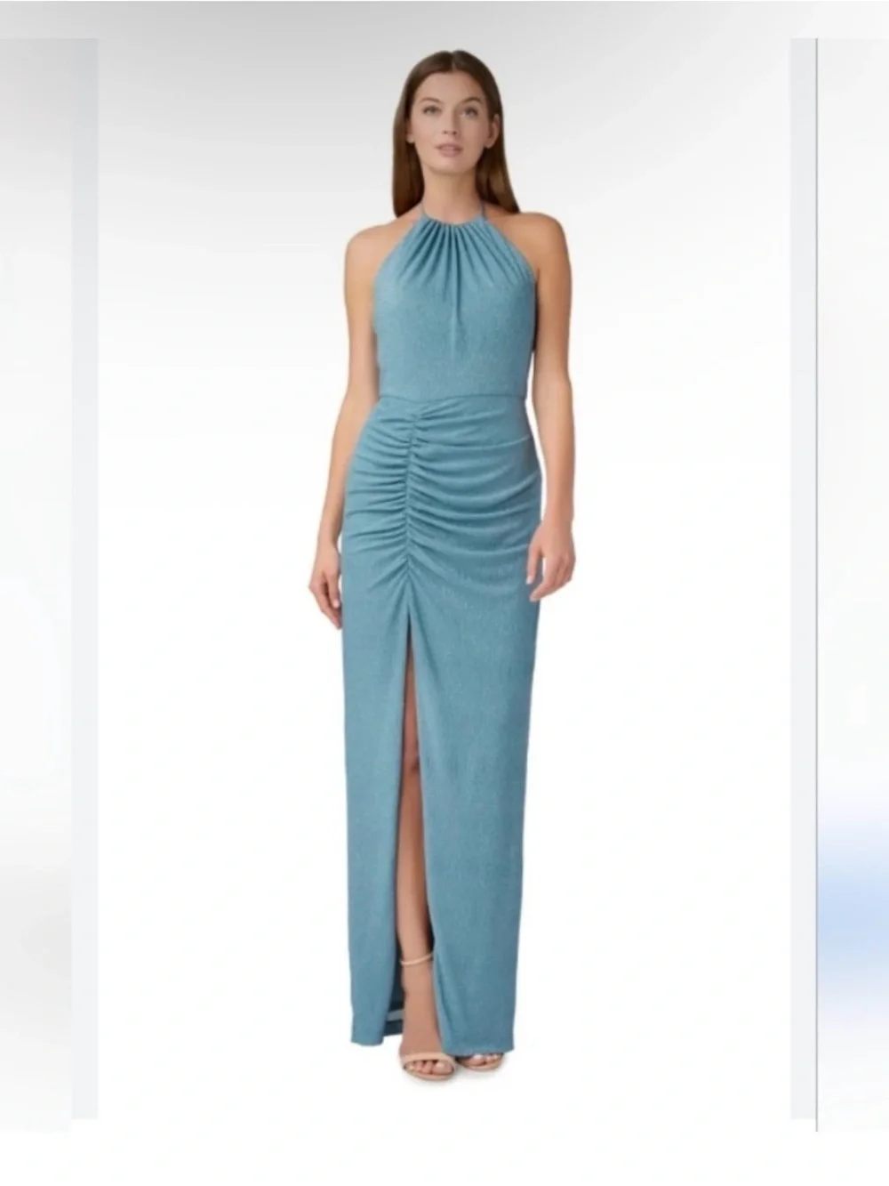 Aidan Mattox Light Blue Shimmer Ruched Halter Maxi Gown SZ 0 NWT GALA Formal MOB
